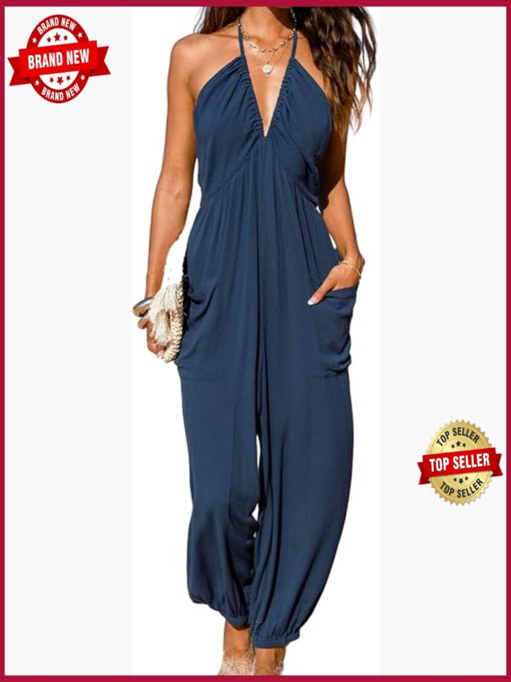Plunge Halter Sleeveless Pleated Long Romper Maxi Jumpsuit with Pockets